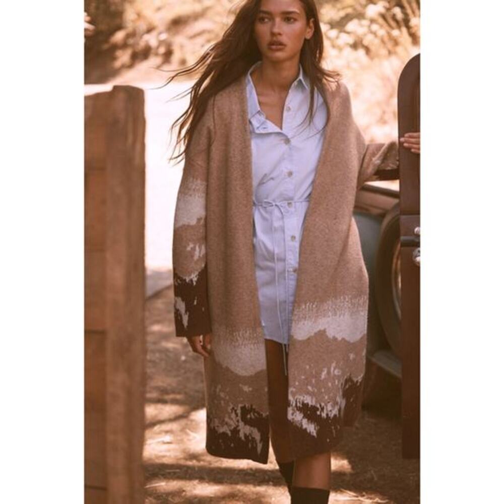 Promesa Taupe Size M/L Landscape Graphic Knit Open-Front Duster Cardigan